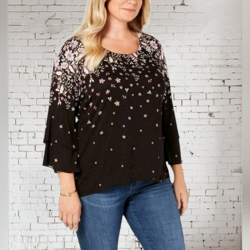 NWT Style & Co. Boho Remix Black And Purple Floral Blouse ~sz Medium